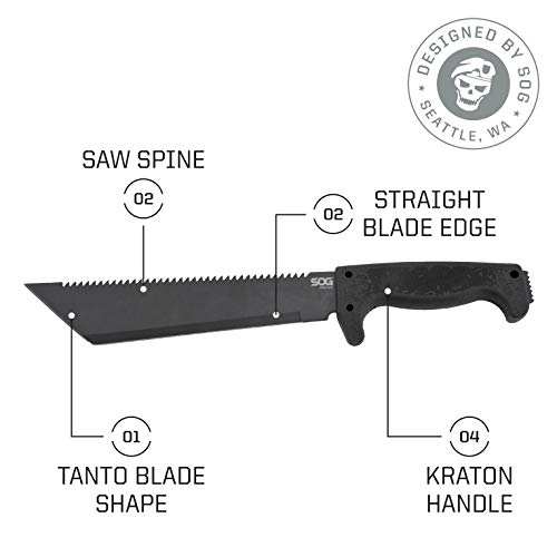 SOG SOGfari Tanto Machete- Survival Machete with 10 Inch Full Tang Blade,Camp Machete for Clearing Brush,Chopping Wood&Harvesting Crops,Spiked Tang Handle for Pounding&Scraping(MC04-N) ,Black