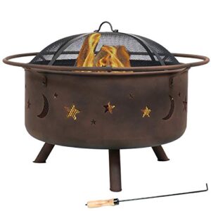 sunnydaze cosmic 30-inch fire pit with cooking bbq grill grate, spark screen, and fireplace poker - celestial design