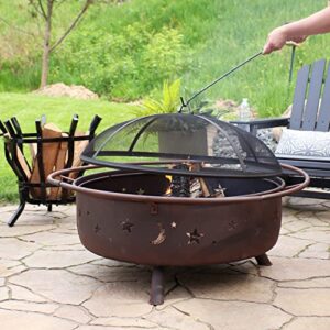 Sunnydaze Cosmic 42-Inch Wood-Burning Steel Fire Pit with Round Spark Screen, Poker, and Built-in Grate - Rust Patina