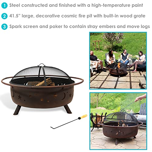 Sunnydaze Cosmic 42-Inch Wood-Burning Steel Fire Pit with Round Spark Screen, Poker, and Built-in Grate - Rust Patina