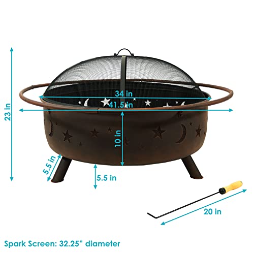 Sunnydaze Cosmic 42-Inch Wood-Burning Steel Fire Pit with Round Spark Screen, Poker, and Built-in Grate - Rust Patina