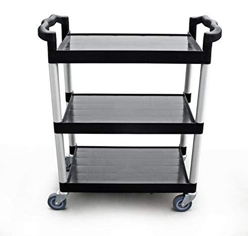 New Star Foodservice 54552 350-Pound Plastic 3-Tier Utility Bus Cart with Locking Casters, 42.5" x 19.5" x 38.5", Black