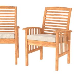 Walker Edison Rendezvous Modern 2 Piece Solid Acacia Wood Slat Back Outdoor Dining Chairs, Set of 2, Brown