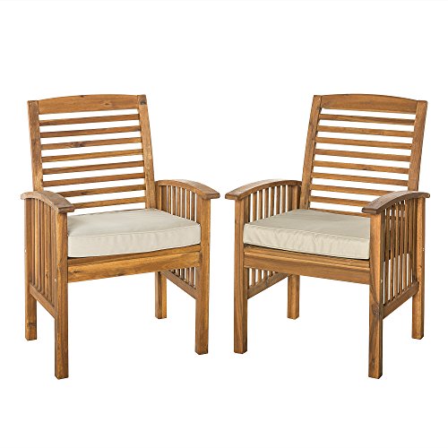 Walker Edison Rendezvous Modern 2 Piece Solid Acacia Wood Slat Back Outdoor Dining Chairs, Set of 2, Brown