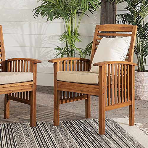 Walker Edison Rendezvous Modern 2 Piece Solid Acacia Wood Slat Back Outdoor Dining Chairs, Set of 2, Brown