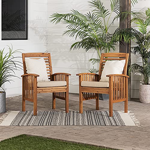 Walker Edison Rendezvous Modern 2 Piece Solid Acacia Wood Slat Back Outdoor Dining Chairs, Set of 2, Brown