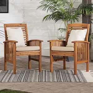 Walker Edison Rendezvous Modern 2 Piece Solid Acacia Wood Slat Back Outdoor Dining Chairs, Set of 2, Brown