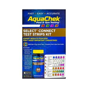 aquachek select connect 7-way pool and spa test strips complete kit - pool test strips for ph, total chlorine, free chlorine, bromine, alkalinity, total hardness, and cyanuric acid - (50 strips)