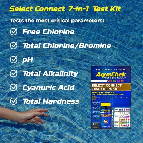 AquaChek Select Connect 7-Way Pool and Spa Test Strips Complete Kit - Pool Test Strips for pH, Total Chlorine, Free Chlorine, Bromine, Alkalinity, Total Hardness, and Cyanuric Acid - (50 Strips)
