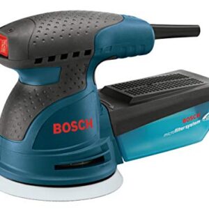 BOSCH ROS20VSC Palm Sander 2.5 Amp 5 In. Corded Variable Speed Random Orbital Sander/Polisher Kit with Dust Collector and Soft Carrying Bag, Blue