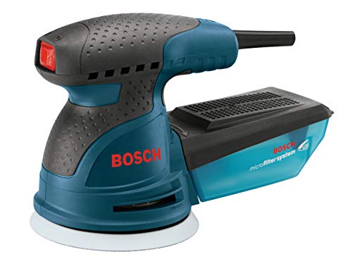 BOSCH ROS20VSC Palm Sander 2.5 Amp 5 In. Corded Variable Speed Random Orbital Sander/Polisher Kit with Dust Collector and Soft Carrying Bag, Blue