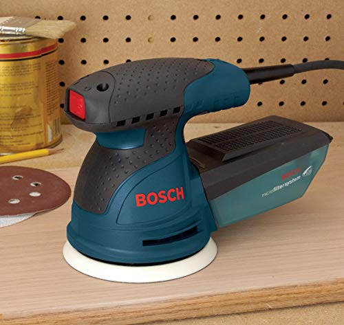 BOSCH ROS20VSC Palm Sander 2.5 Amp 5 In. Corded Variable Speed Random Orbital Sander/Polisher Kit with Dust Collector and Soft Carrying Bag, Blue