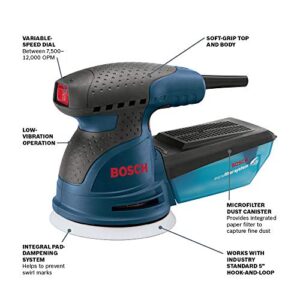 BOSCH ROS20VSC Palm Sander 2.5 Amp 5 In. Corded Variable Speed Random Orbital Sander/Polisher Kit with Dust Collector and Soft Carrying Bag, Blue