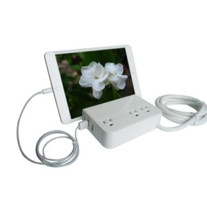 rnd desktop charging station with 3 ac plugs and 3 usb ports surge protector with a slot for ipads and tablets.
