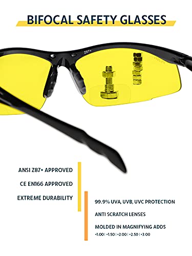 Bifocal Safety Glasses SB-9000 with Yellow Lenses, +2.50
