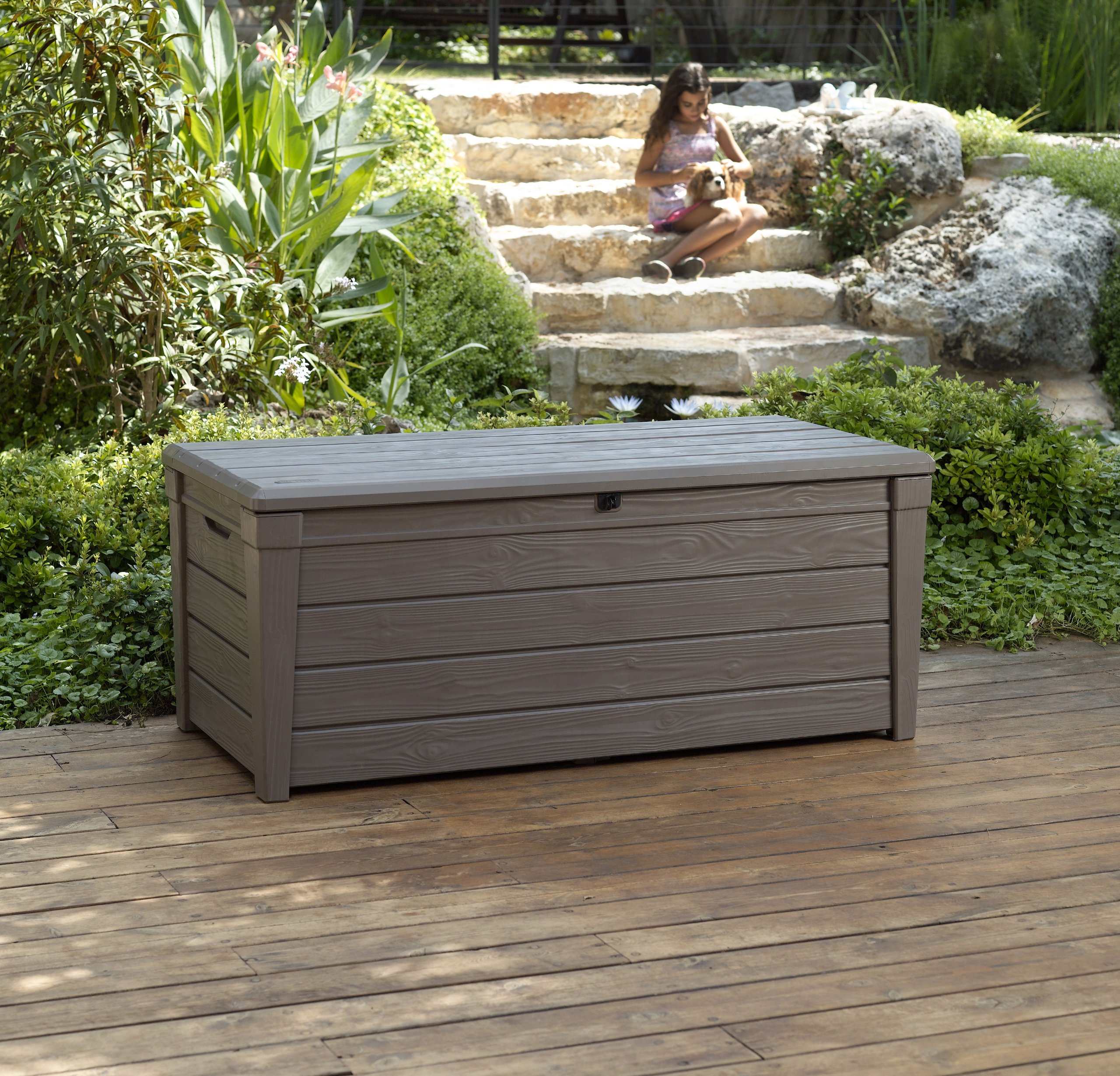 Keter Brightwood 120 Gallon Outdoor Garden Patio Storage Furniture Deck Box