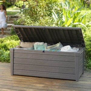 Keter Brightwood 120 Gallon Outdoor Garden Patio Storage Furniture Deck Box