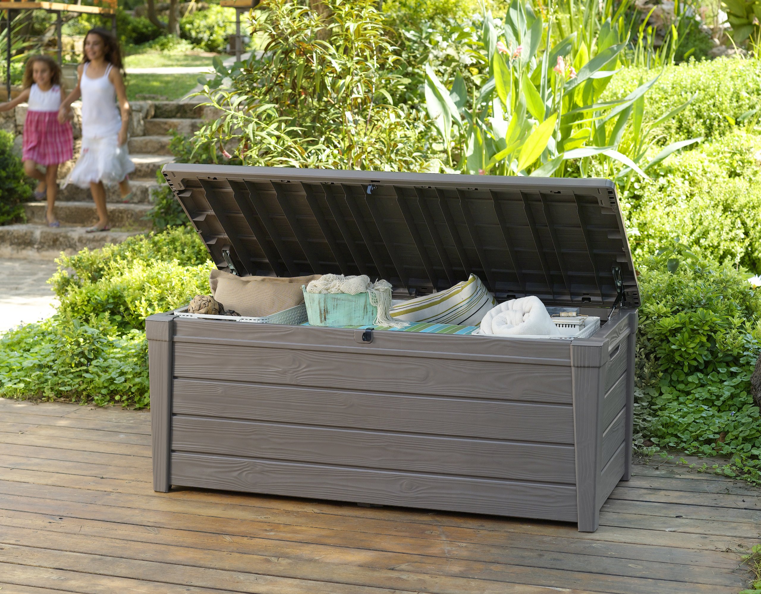 Keter Brightwood 120 Gallon Outdoor Garden Patio Storage Furniture Deck Box