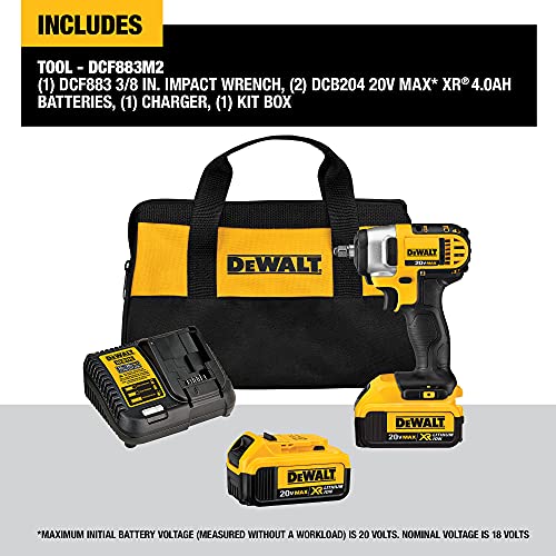 DEWALT 20V MAX* Cordless Impact Wrench Kit with Hog Ring, 3/8-Inch (DCF883M2)