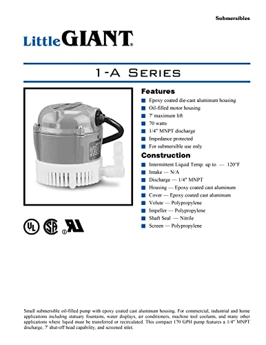 Little Giant 500203, 1-A 115 Volt, 1/200 HP, 170 GPH Small Submersible Permanently Oiled Pump for Fountain, Water Displays and Air Conditioners, 6-Foot Cord, Blue,