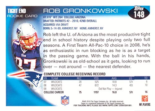 2010 Topps NFL Football Card #148 Rob Gronkowski RC - New England Patriots (Rookie Card) NFL Trading Card