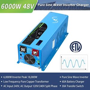 SUNGOLDPOWER UL1741 6000W 48Vdc Pure Sine Wave Inverter Low Frequency 240Vac Input 120Vac/240Vac Output Split Phase with Battery Charger Off-Grid 18000W Peak