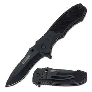 tac force spring assisted folding pocket knife – partially serrated, black stainless steel blade with black nylon fiber handle and pocket clip, tactical, edc, rescue - tf-800bk