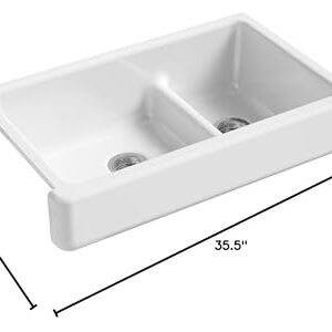 KOHLER K-6426-0 Whitehaven Farmhouse Smart Divide Self-Trimming Undermount Apron Front Double-Bowl Kitchen Sink with Short Apron, 35-1/2-Inch X 21-9/16-Inch X 9-5/8-Inch, White