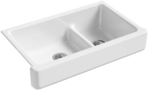 kohler k-6426-0 whitehaven farmhouse smart divide self-trimming undermount apron front double-bowl kitchen sink with short apron, 35-1/2-inch x 21-9/16-inch x 9-5/8-inch, white