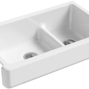 KOHLER K-6426-0 Whitehaven Farmhouse Smart Divide Self-Trimming Undermount Apron Front Double-Bowl Kitchen Sink with Short Apron, 35-1/2-Inch X 21-9/16-Inch X 9-5/8-Inch, White