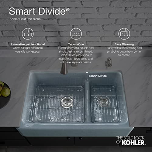 KOHLER K-6426-0 Whitehaven Farmhouse Smart Divide Self-Trimming Undermount Apron Front Double-Bowl Kitchen Sink with Short Apron, 35-1/2-Inch X 21-9/16-Inch X 9-5/8-Inch, White