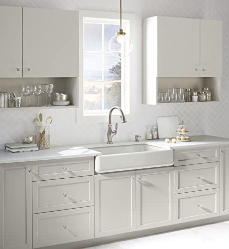 KOHLER K-6426-0 Whitehaven Farmhouse Smart Divide Self-Trimming Undermount Apron Front Double-Bowl Kitchen Sink with Short Apron, 35-1/2-Inch X 21-9/16-Inch X 9-5/8-Inch, White