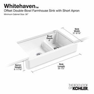 KOHLER K-6426-0 Whitehaven Farmhouse Smart Divide Self-Trimming Undermount Apron Front Double-Bowl Kitchen Sink with Short Apron, 35-1/2-Inch X 21-9/16-Inch X 9-5/8-Inch, White