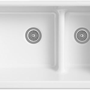 KOHLER K-6426-0 Whitehaven Farmhouse Smart Divide Self-Trimming Undermount Apron Front Double-Bowl Kitchen Sink with Short Apron, 35-1/2-Inch X 21-9/16-Inch X 9-5/8-Inch, White