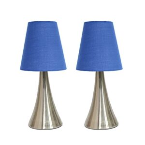 simple designs lt2014-blu-2pk 12" valencia 2 pack contemporary 4 settings touch metal mini tapered table lamp set with fabric shades for home décor, nightstand, end table, bedroom, living room, office, foyer, brushed nickel and blue