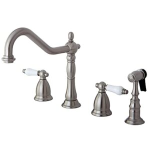 kingston brass ks1798plbs heritage widespread kitchen faucet with handle sprayer, brushed nickel, 12.38 x 8.56 x 2