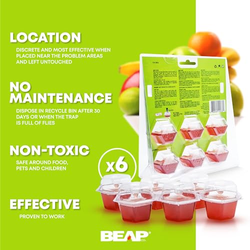 BEAPCO 10036 7 Red 6-Pack Premium Fruit Fly 6 Pre-Filled Trap Flies Indoors | Easy Effective and Safe to Use | Food-Based Lure/Bait Catcher