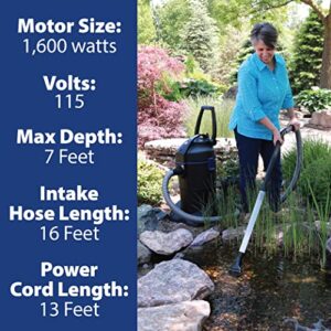 The Pond Guy ClearVac Pond Vacuum, Powerful Motor Quickly Removes Sludge & Debris, Dual Chamber Reservoir for Nonstop Use, 4 Interchangeable Nozzle Attachments, 5 Extension Tubes, 8 Ft Discharge Hose