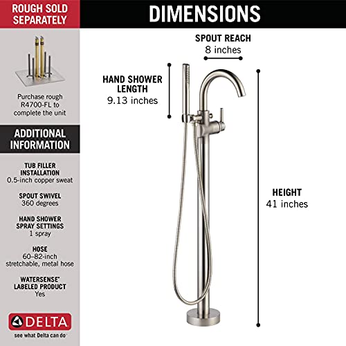 Delta Faucet Trinsic Floor-Mount Freestanding Tub Filler with Hand Held Shower, Stainless T4759-SSFL (Valve Not Included)