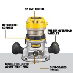 DEWALT Router, Fixed and Plunge Base Kit, Soft Start, 12-Amp, 24,000 RPM, Variable Speed Trigger, Corded (DW618PKB)