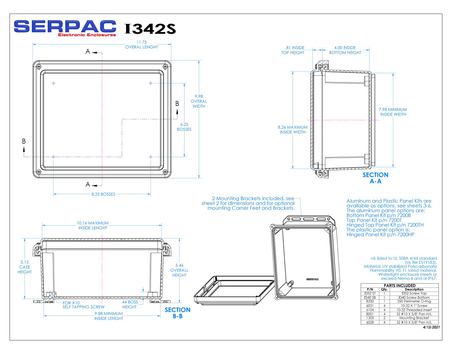 Serpac I342S,TGBG (5.46 x 10.23 x 11.75 in) Polycarbonate IP67 Waterproof UL 508A Plastic Project Junction Box Enclosure with Gray Top Screw Entry Cover and Gray Bottom