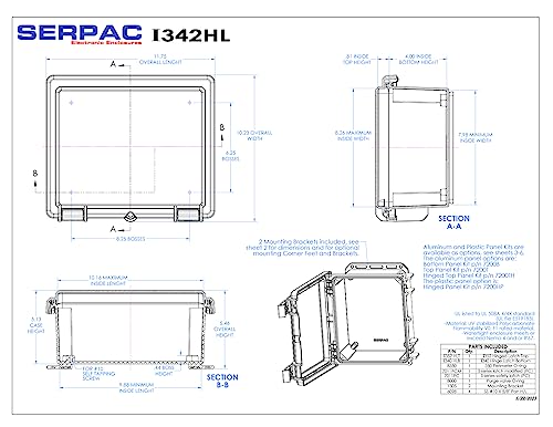 Serpac I342HL,TCBC (5.46 x 10.23 x 11.75 in) Polycarbonate IP67 Waterproof UL 508A Plastic Project Junction Box Enclosure with Clear Top Hinged Cover, Plastic Rustproof Latchs, and Clear Bottom