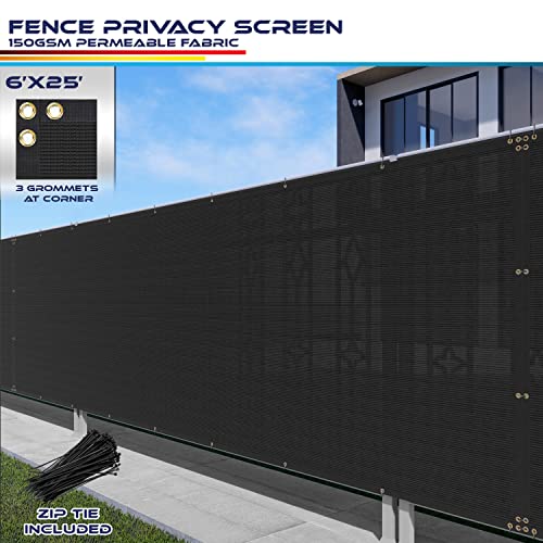 Windscreen4less 6' x 25' Privacy Fence Screen in Black with Bindings & Grommets 85% Blockage for Chain Link Fence Windscreen Outdoor Mesh Fencing Cover Netting Fabric