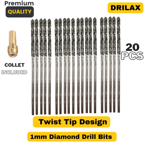 1mm Diamond Bits for Drilling Stone Compatible with Dremel Collet Included Drill Bit Set Twist Tip Design Jewelry Sea Glass Beach Shell Gemstone 20 Pieces Set
