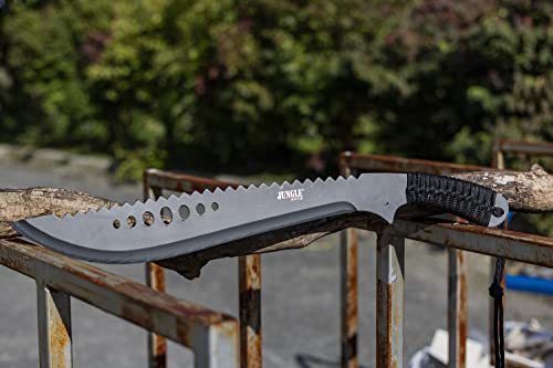 Jungle Master–Machete with Reverse Serrations–Black Stainless Steel Blade w/ Reverse Serrations,Full Tang,Cord Wrapped Handle,Nylon Sheath,Outdoor,Hunt,Camp,Hike,Survival,JM-031B 21-Inch Overall