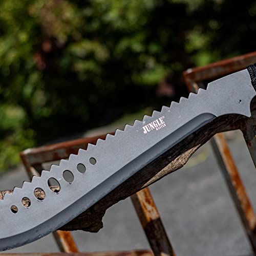 Jungle Master–Machete with Reverse Serrations–Black Stainless Steel Blade w/ Reverse Serrations,Full Tang,Cord Wrapped Handle,Nylon Sheath,Outdoor,Hunt,Camp,Hike,Survival,JM-031B 21-Inch Overall