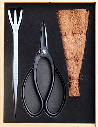 Tinyroots Tool Kit for Bonsai - 3 Piece Set Includes: Traditional Butterfly Shaped Bonsai Shears, Genuine Japanese Hemp Broom, Three Pronged Rake & Bamboo Storage Case + Bonsai Tools