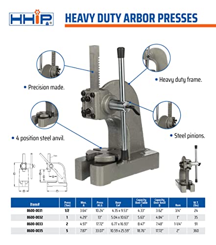 HHIP 8600-0031 Heavy Duty Arbor Press, .5 Ton Capacity, 10" Height (Pack of 1)