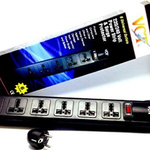 VCT WPSB 220/240 Volt 6-Universal Outlet Power Strip and Surge Protector 13 Amp Circuit Breaker 50/60 Hz 450 Jules with Grounded Euro Plug