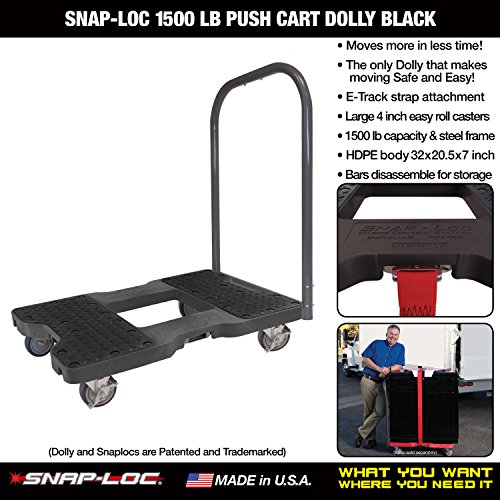 SNAP-LOC 1500 LB Push CART Dolly Black with Steel Frame, 4 inch Casters, Push Bar and Optional E-Strap Attachment